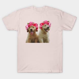 Cute golden retriever in flower crowns T-Shirt